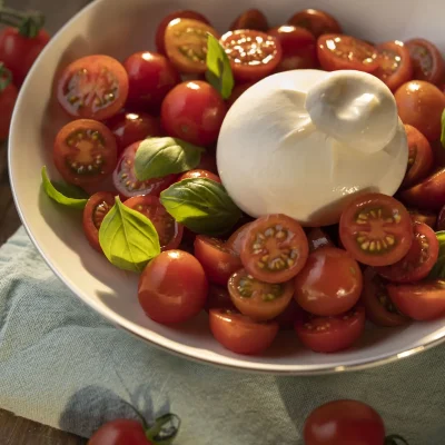 Burrata con tomate cherry en rama Divino Imperial y albahaca