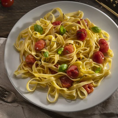Tagliatelle con tomate cherry Divino salteado y albahaca